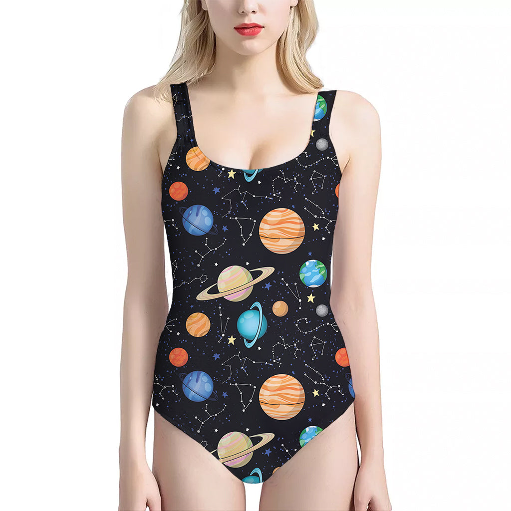 Constellations And Planets Pattern Print One Piece Halter Neck Swimsuit