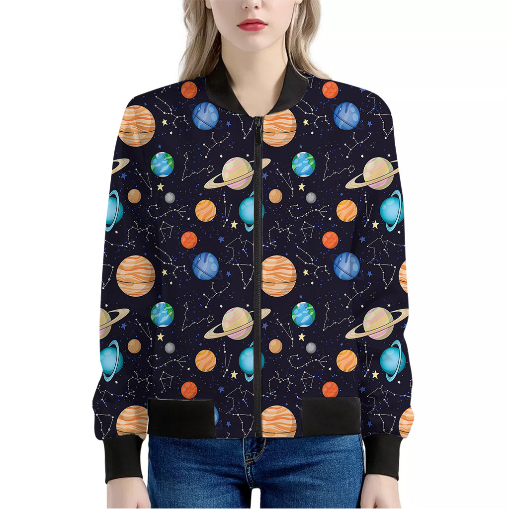 Constellations And Planets Pattern Print Women's Bomber Jacket