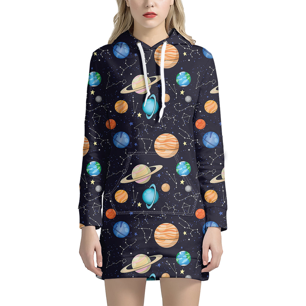 Constellations And Planets Pattern Print Women's Pullover Hoodie Dress