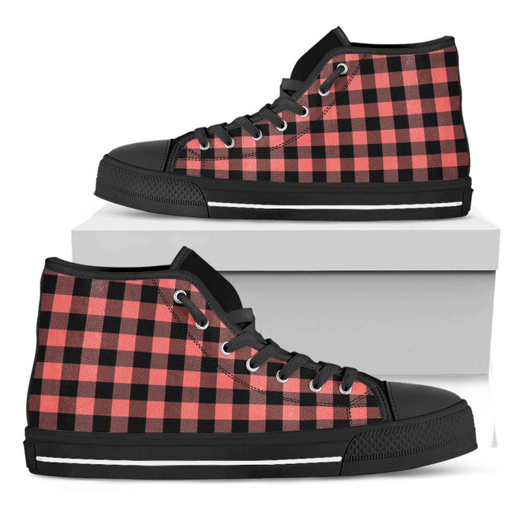 Coral Pink And Black Buffalo Check Print Black High Top Shoes