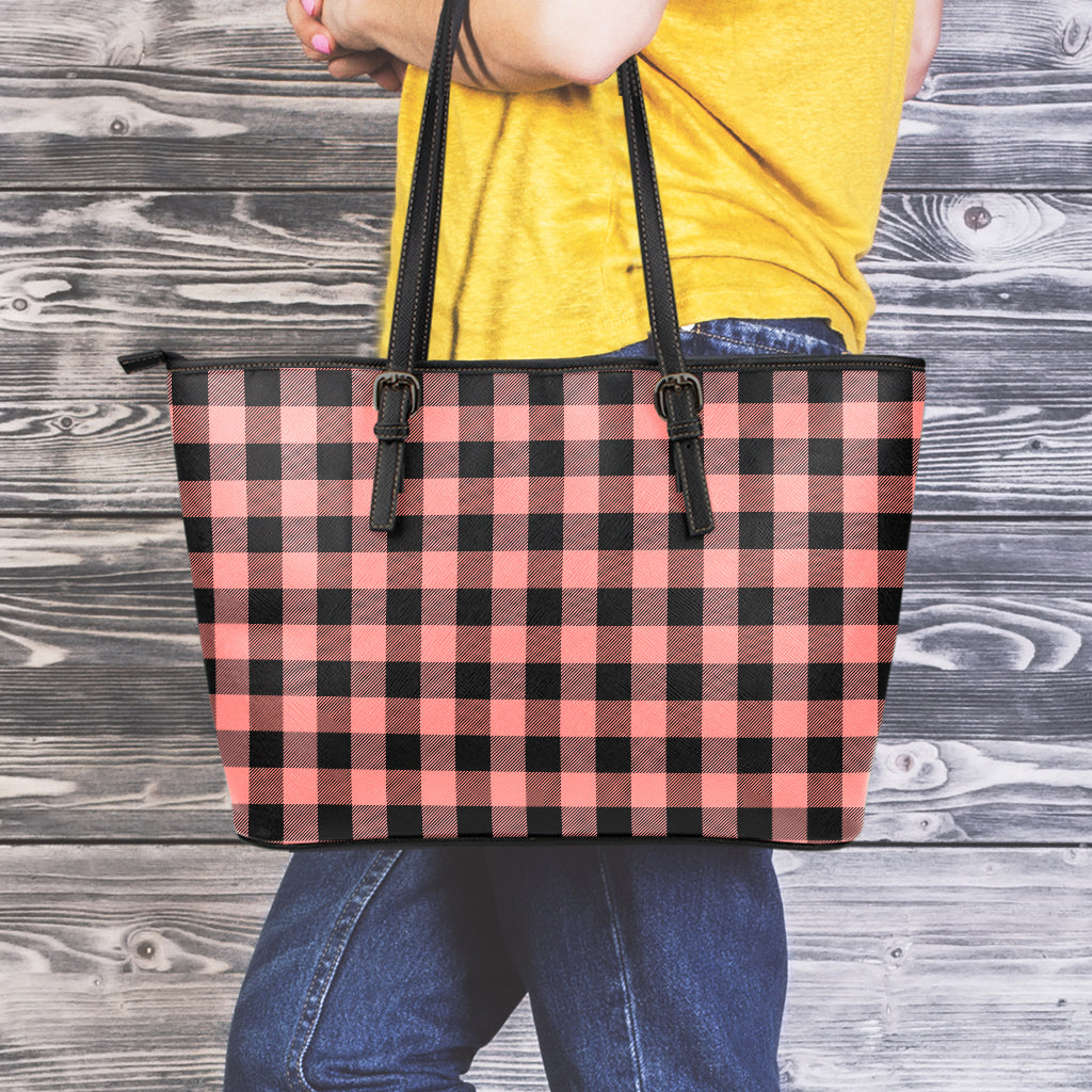 Coral Pink And Black Buffalo Check Print Leather Tote Bag