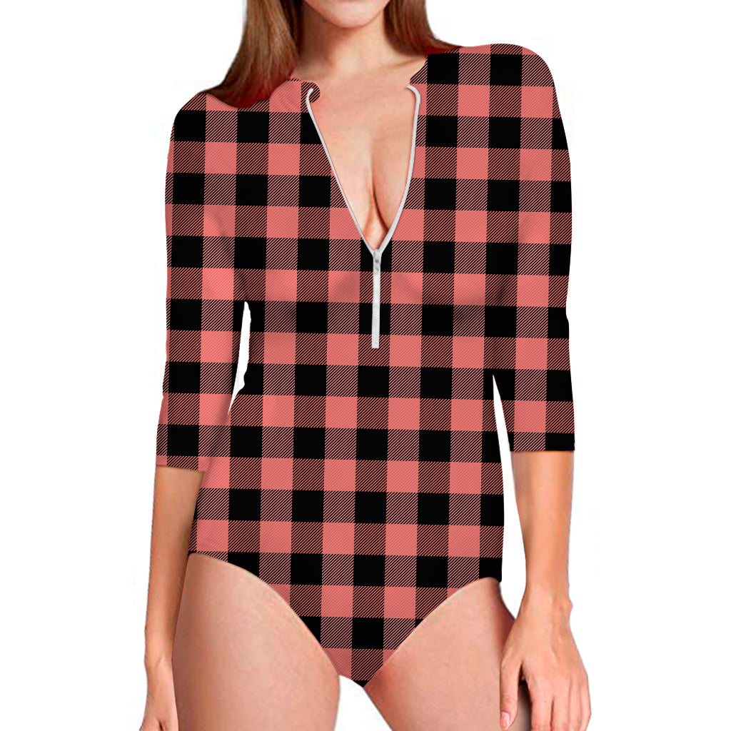 Coral Pink And Black Buffalo Check Print Long Sleeve One Piece Swimsuit