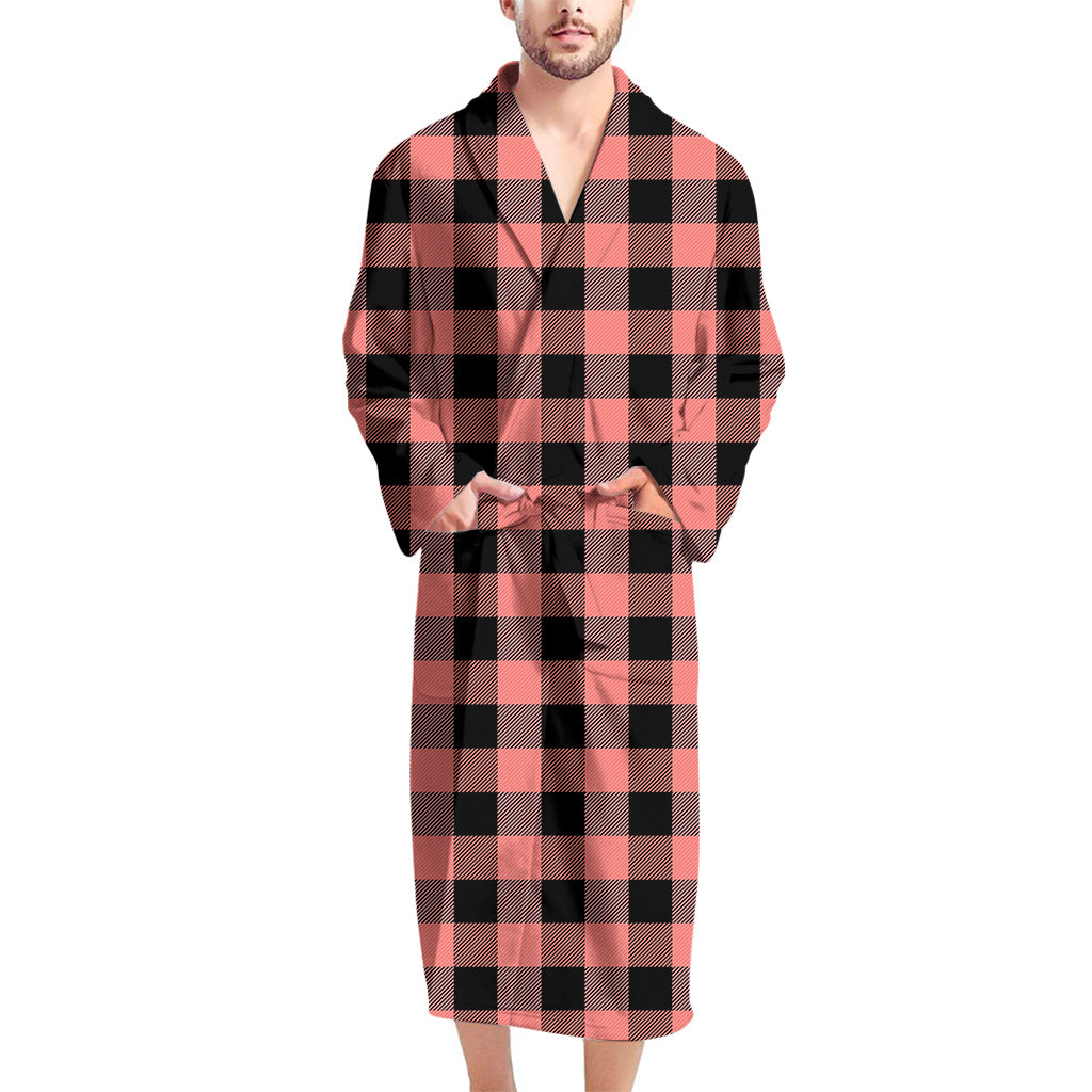 Coral Pink And Black Buffalo Check Print Men's Bathrobe