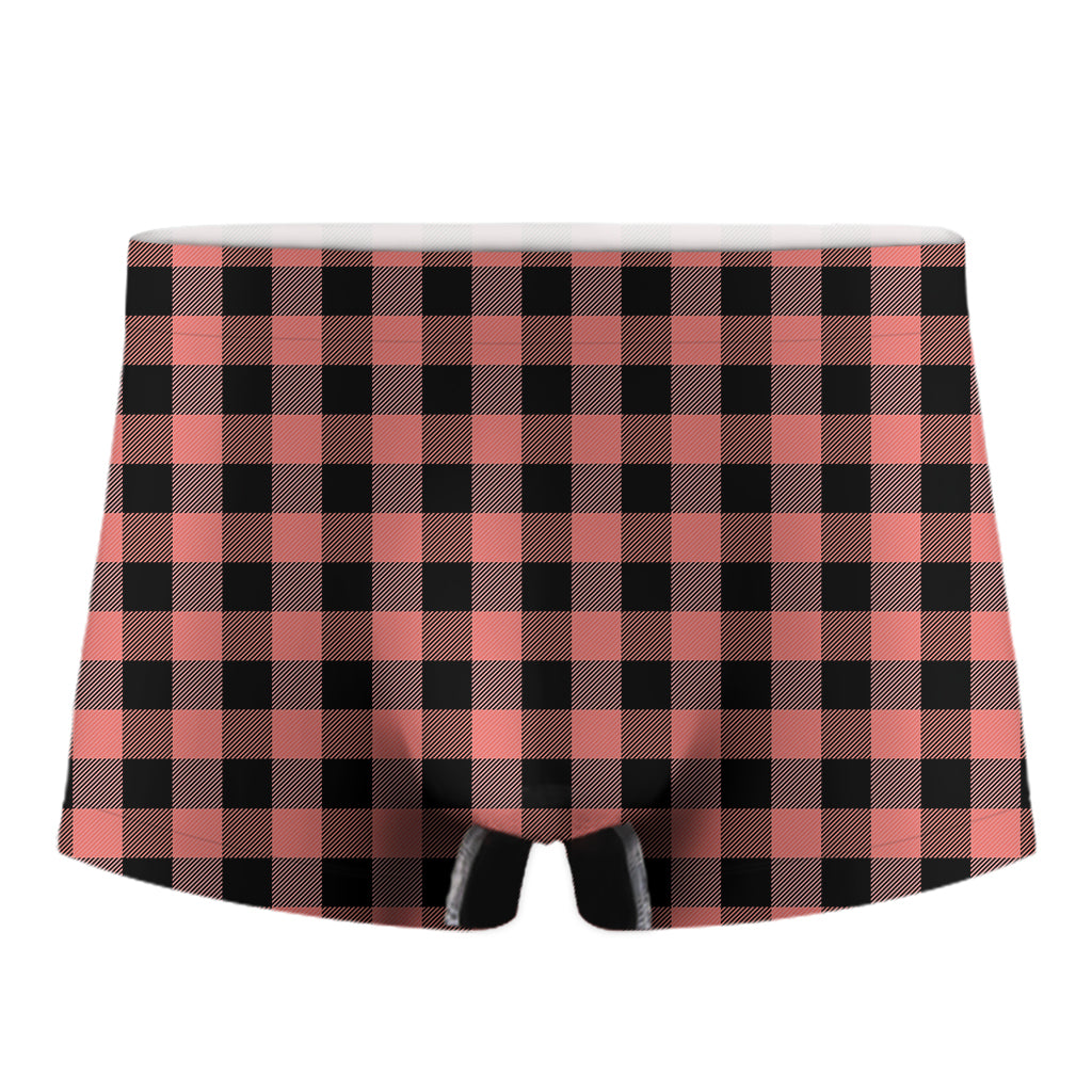 Coral Pink And Black Buffalo Check Print Men's Boxer Briefs