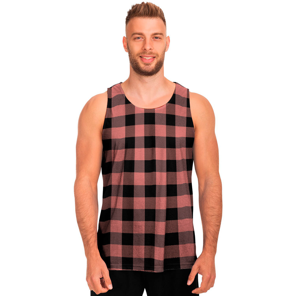 Coral Pink And Black Buffalo Check Print Men's Tank Top