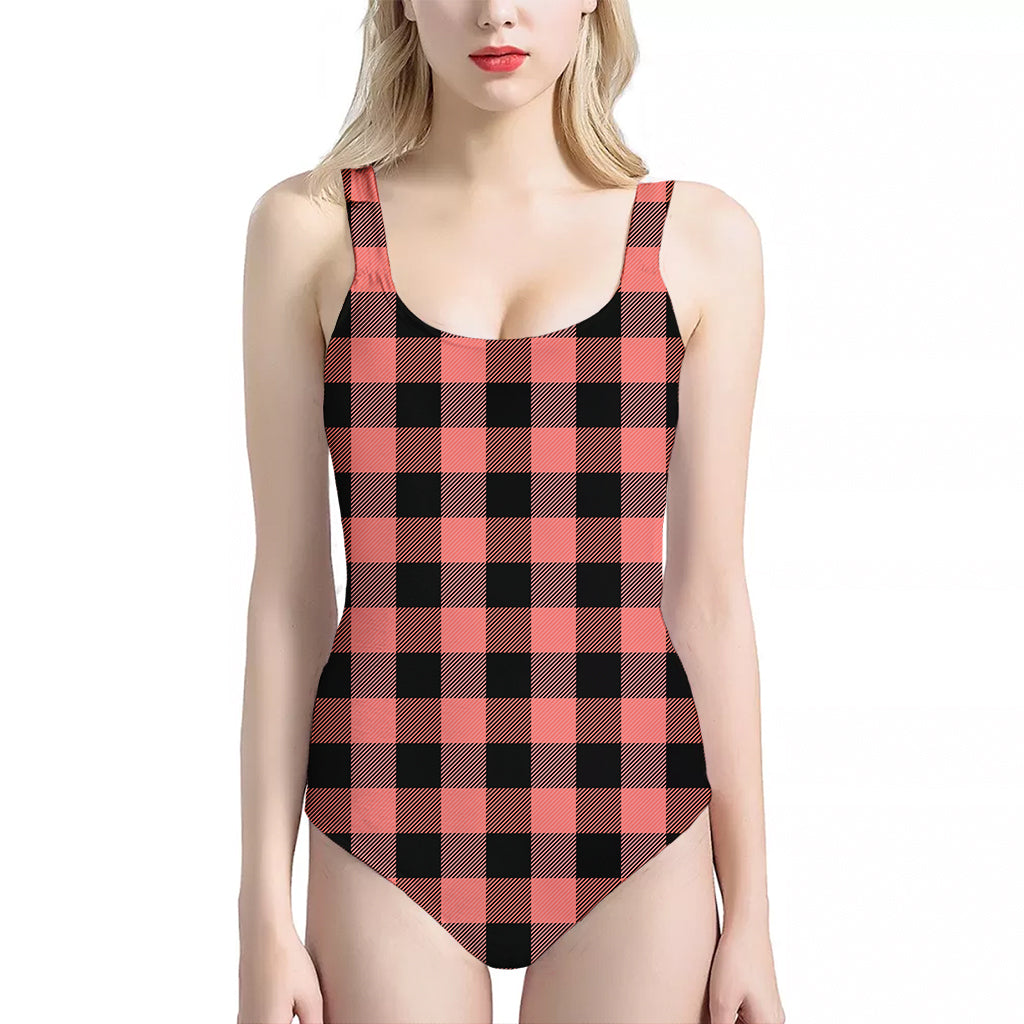 Coral Pink And Black Buffalo Check Print One Piece Halter Neck Swimsuit