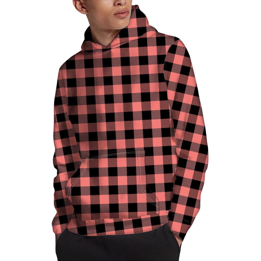 Coral Pink And Black Buffalo Check Print Pullover Hoodie