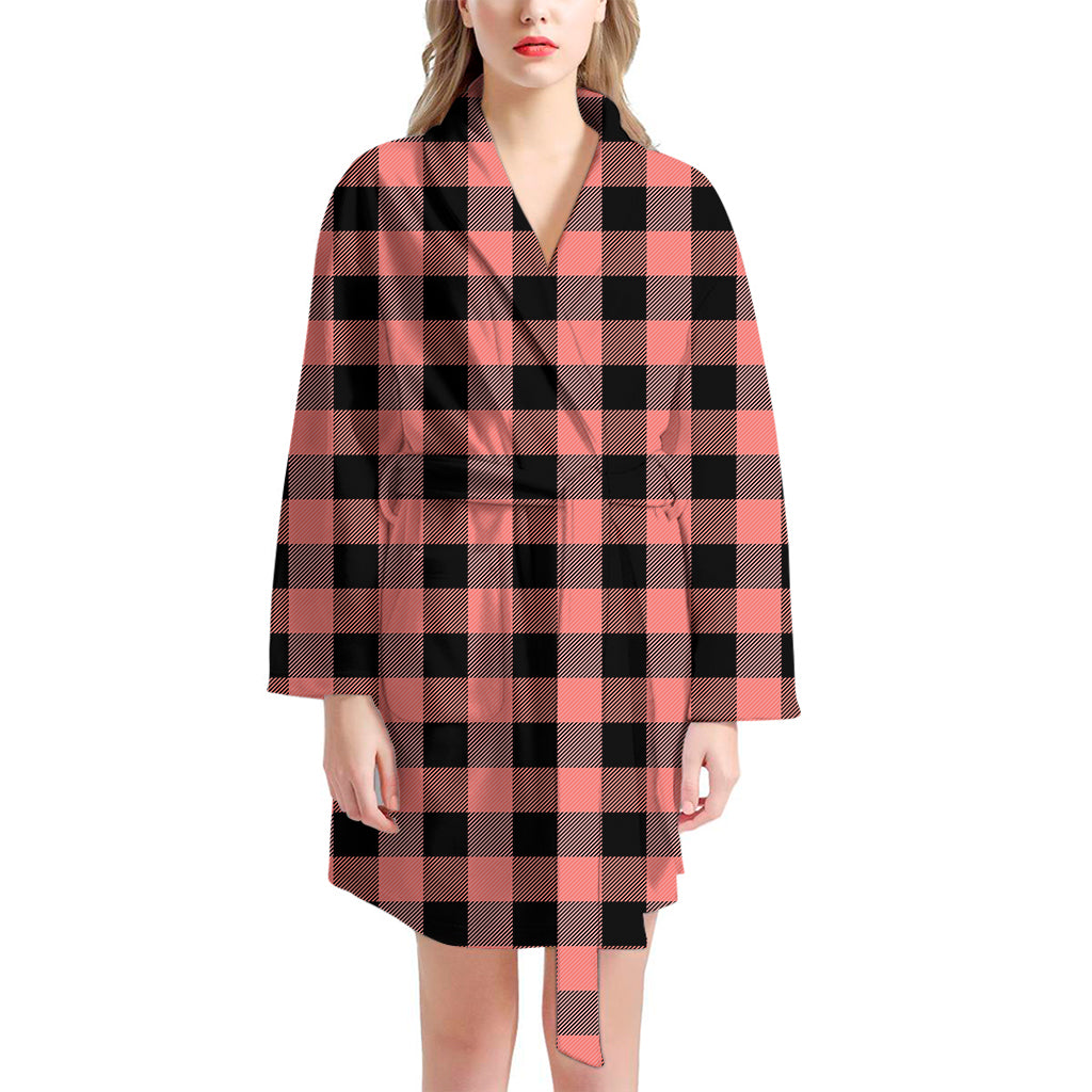 Coral Pink And Black Buffalo Check Print Women's Bathrobe