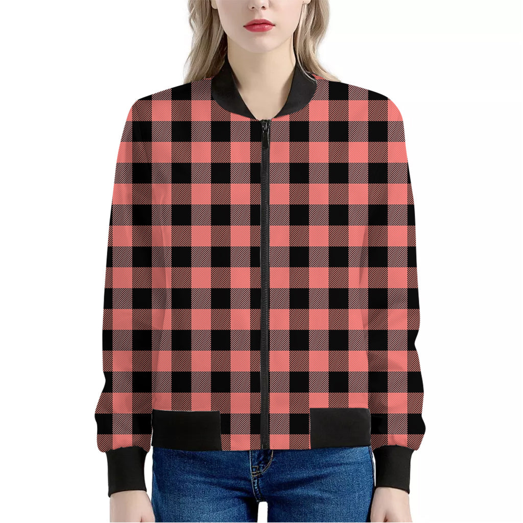 Coral Pink And Black Buffalo Check Print Women's Bomber Jacket