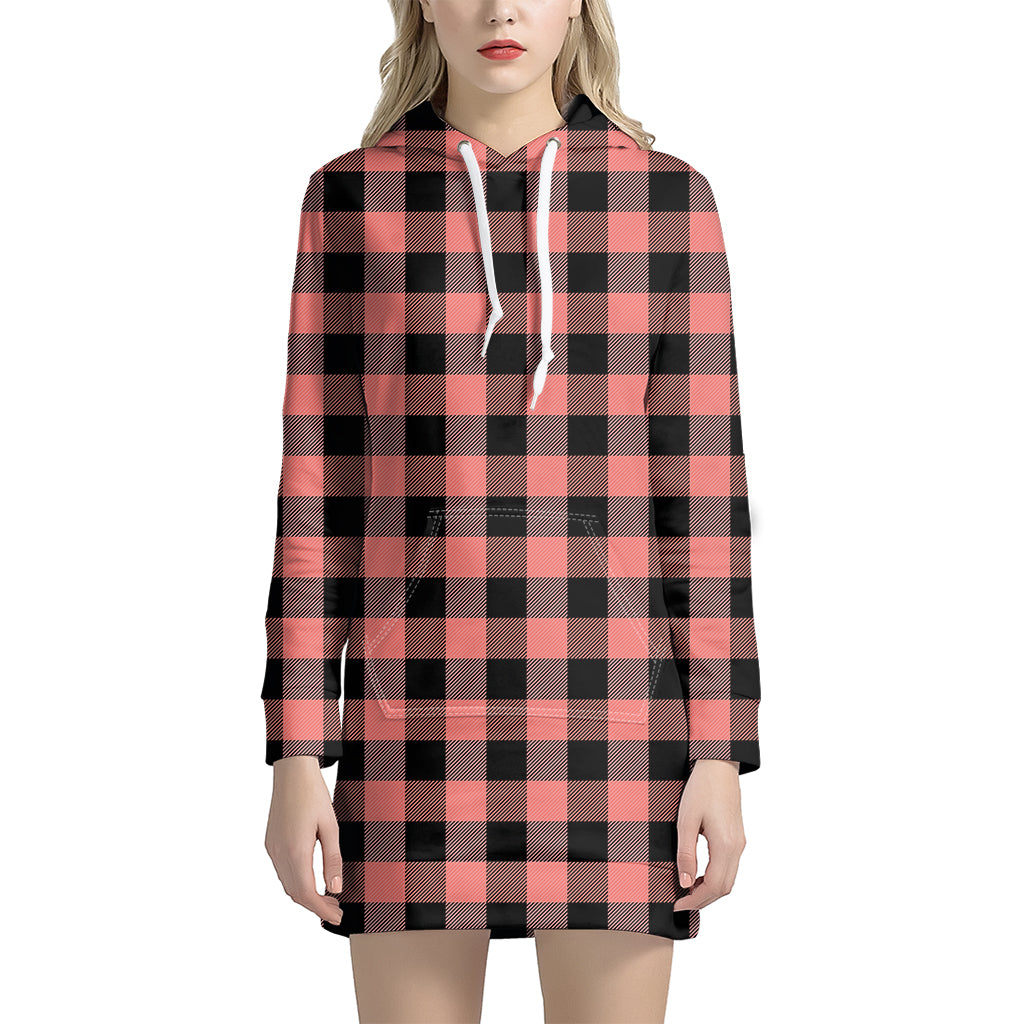 Coral Pink And Black Buffalo Check Print Women's Pullover Hoodie Dress