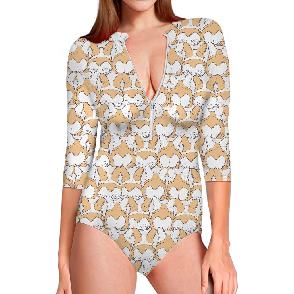 Corgi Butt Pattern Print Long Sleeve One Piece Swimsuit