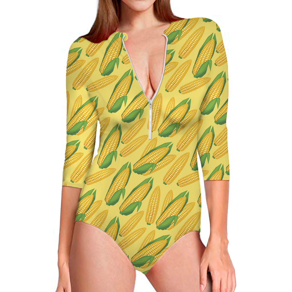 Corn Cob Pattern Print Long Sleeve One Piece Swimsuit