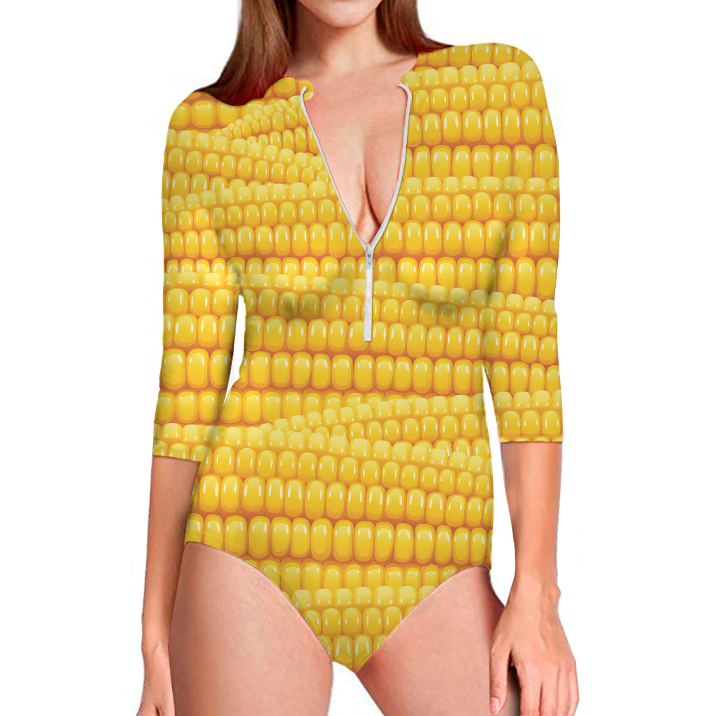 Corn Pattern Print Long Sleeve One Piece Swimsuit