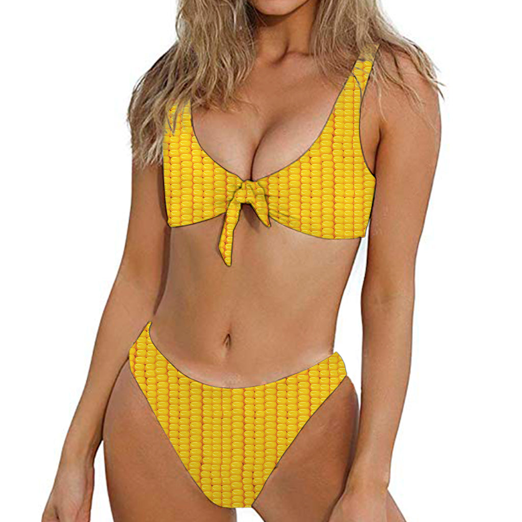 Corn Texture Print Front Bow Tie Bikini