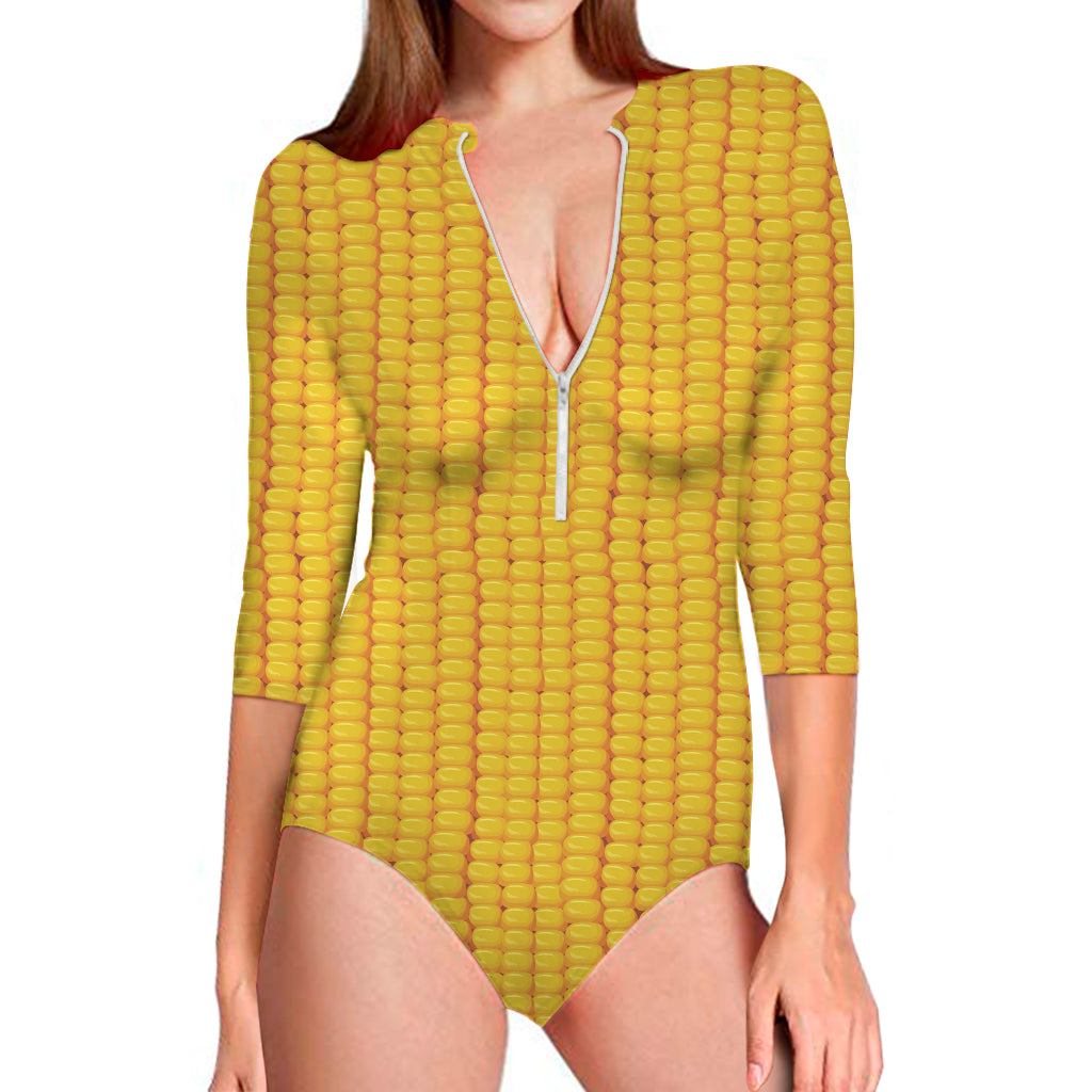 Corn Texture Print Long Sleeve One Piece Swimsuit