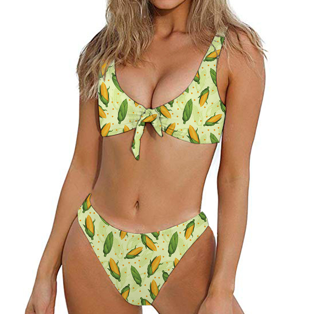 Corncob Pattern Print Front Bow Tie Bikini