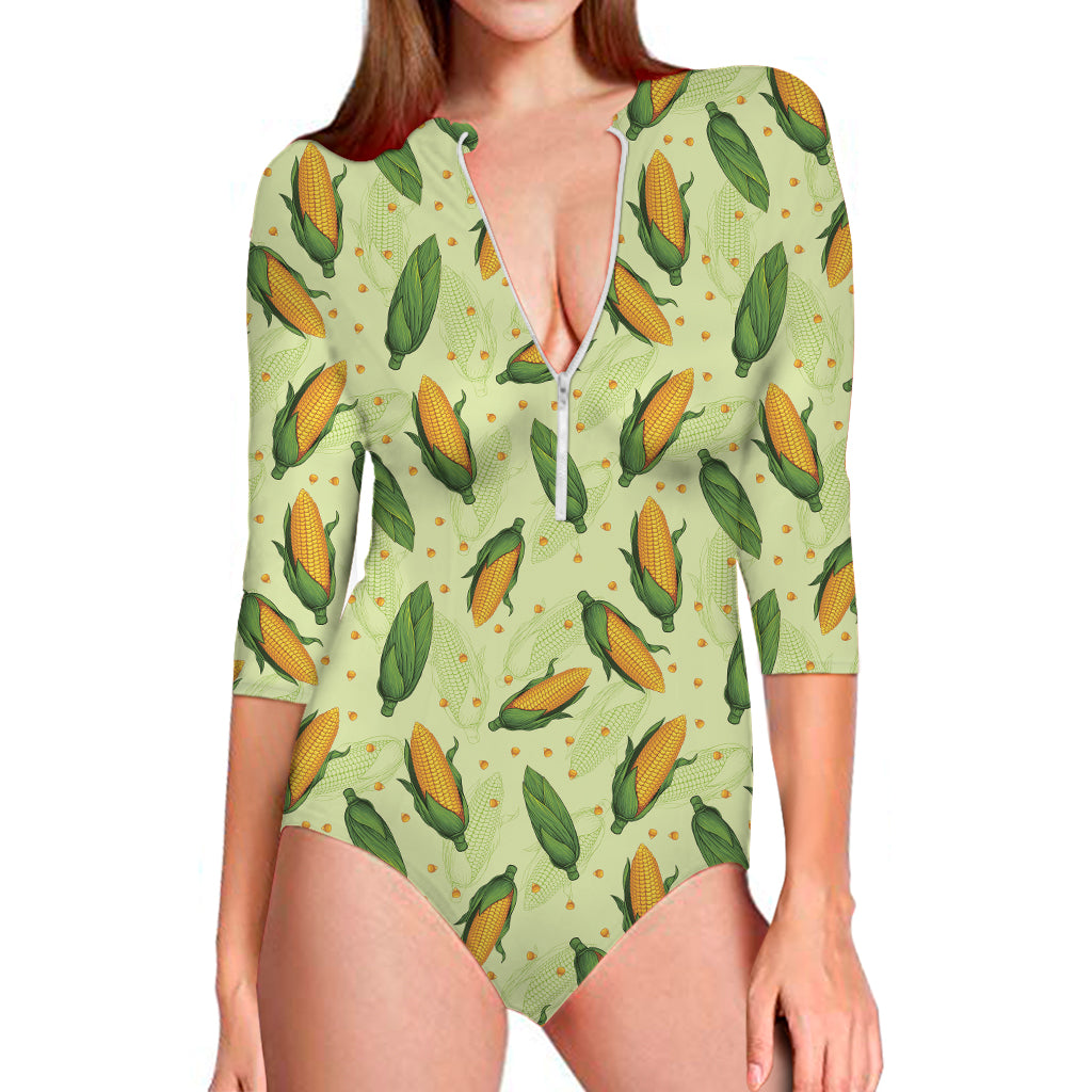 Corncob Pattern Print Long Sleeve One Piece Swimsuit