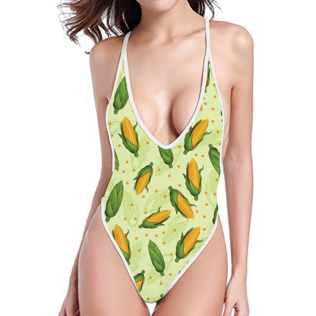 Corncob Pattern Print One Piece High Cut Swimsuit