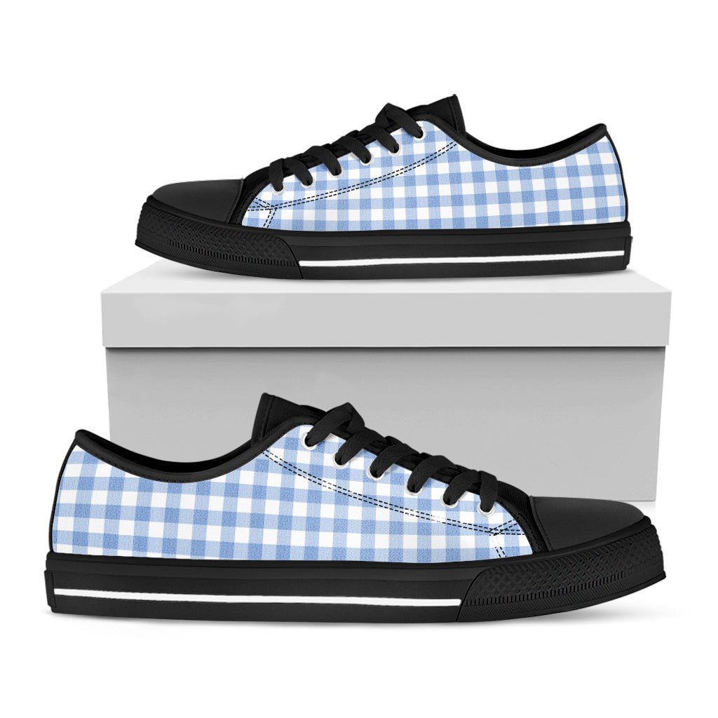 Cornflower Blue And White Gingham Print Black Low Top Shoes