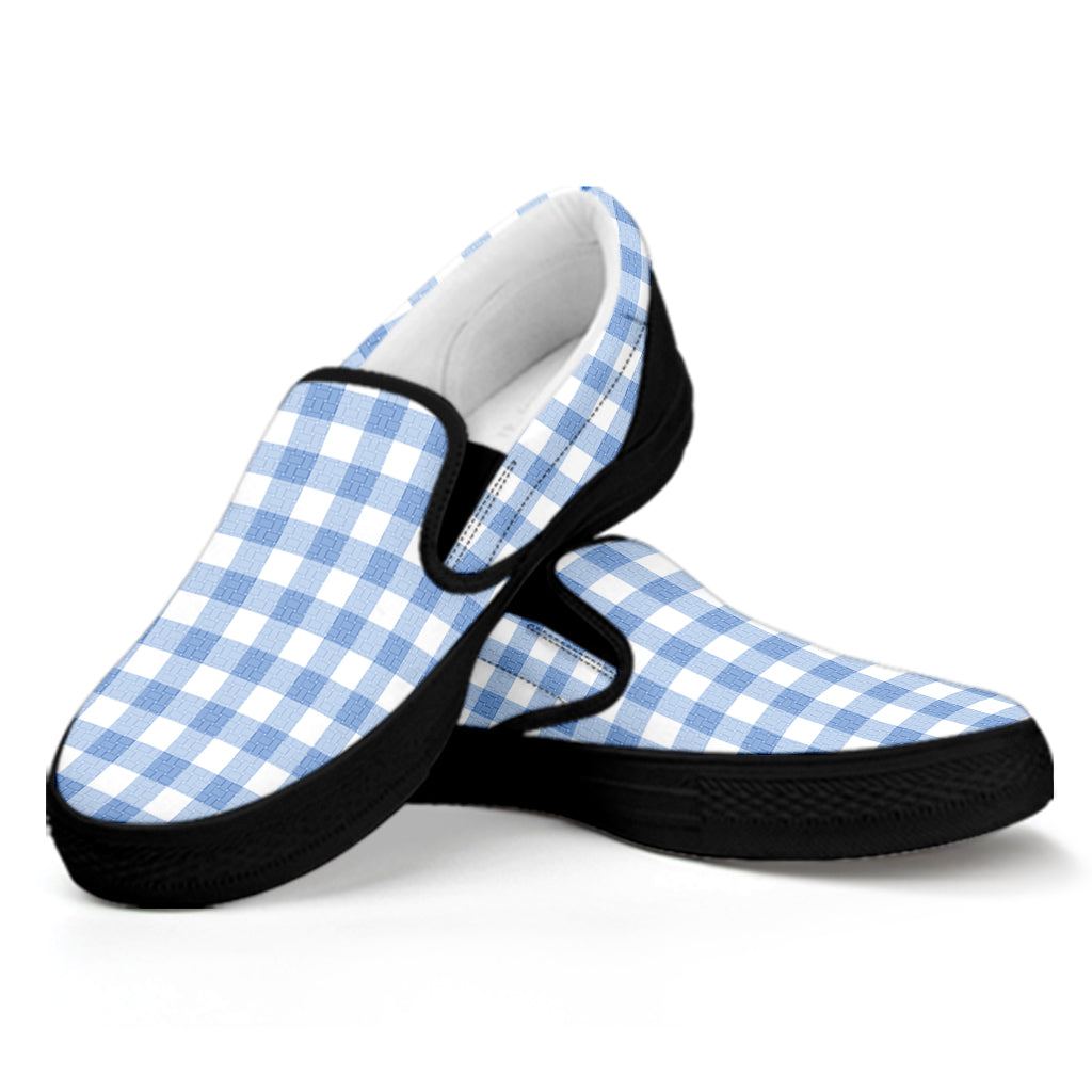 Cornflower Blue And White Gingham Print Black Slip On Shoes