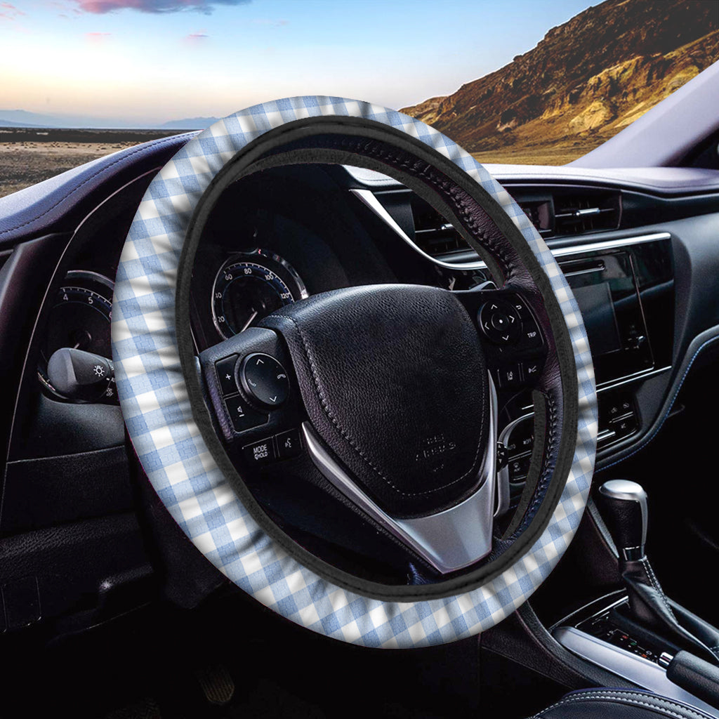 Cornflower Blue And White Gingham Print Car Steering Wheel Cover