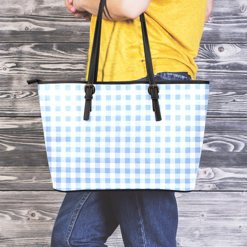 Cornflower Blue And White Gingham Print Leather Tote Bag