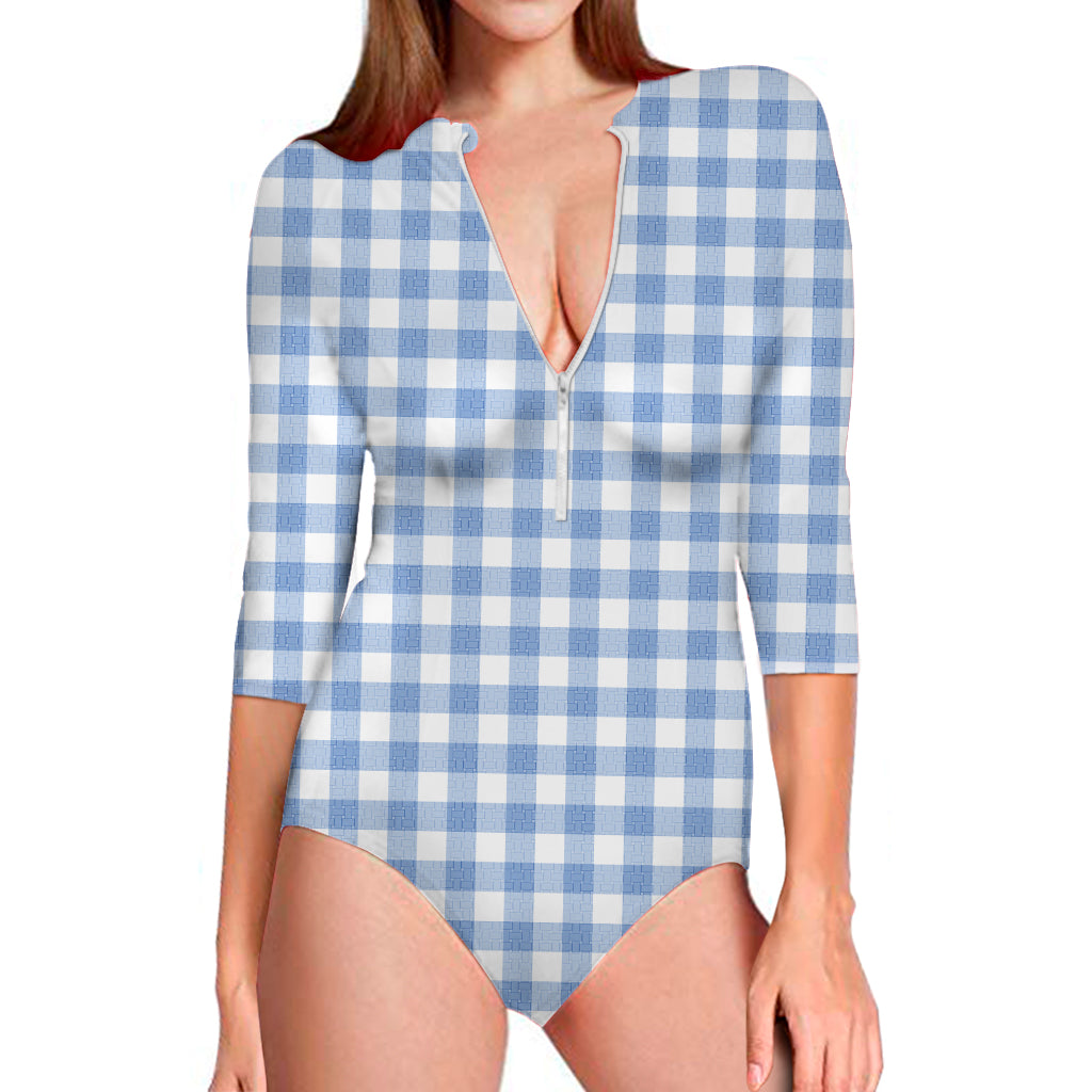 Cornflower Blue And White Gingham Print Long Sleeve One Piece Swimsuit