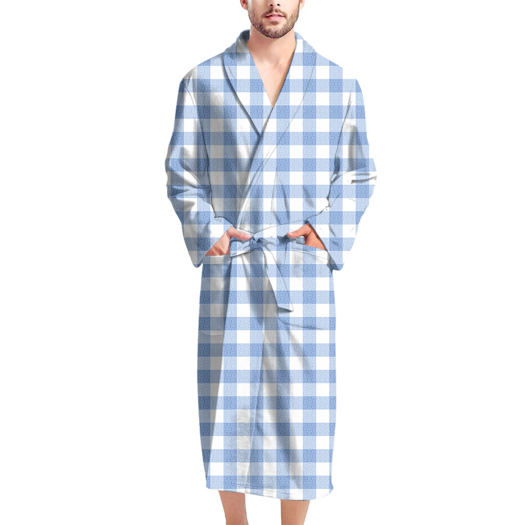 Cornflower Blue And White Gingham Print Men's Bathrobe