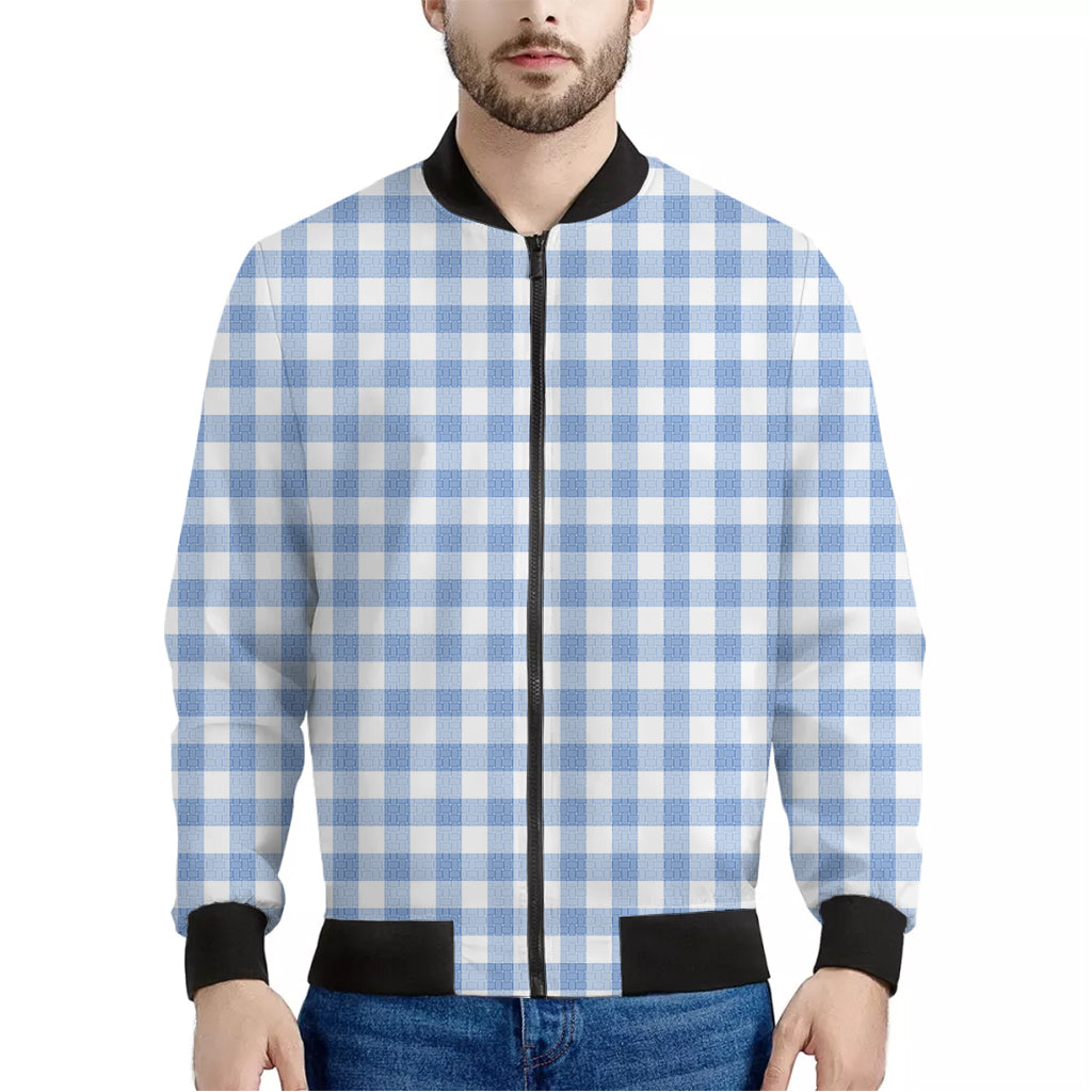 Cornflower Blue And White Gingham Print Men's Bomber Jacket