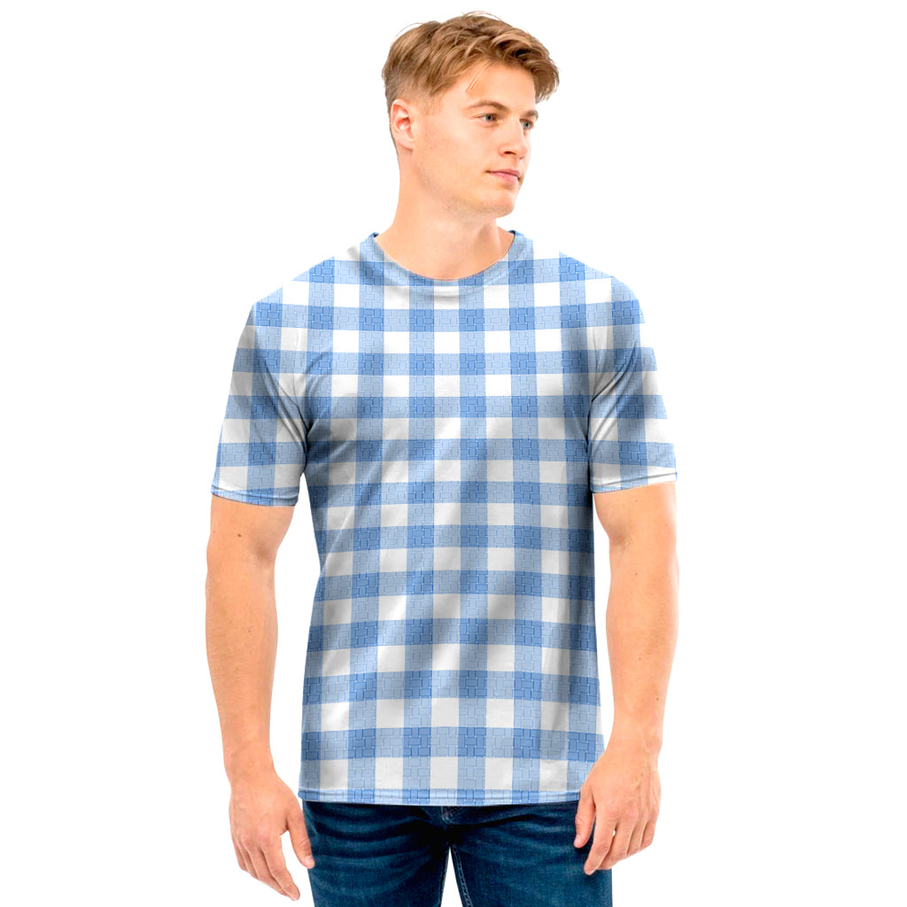 Cornflower Blue And White Gingham Print Men's T-Shirt