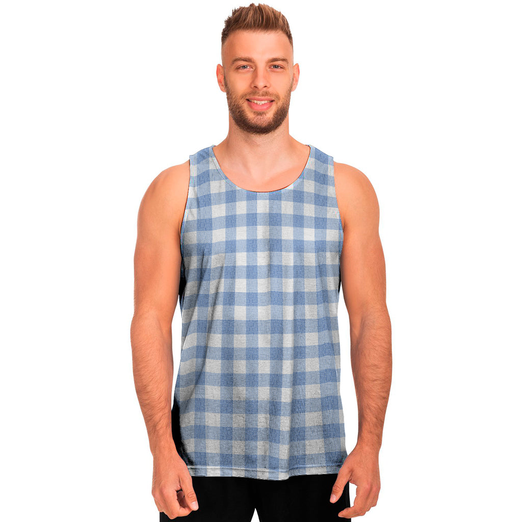 Cornflower Blue And White Gingham Print Men's Tank Top