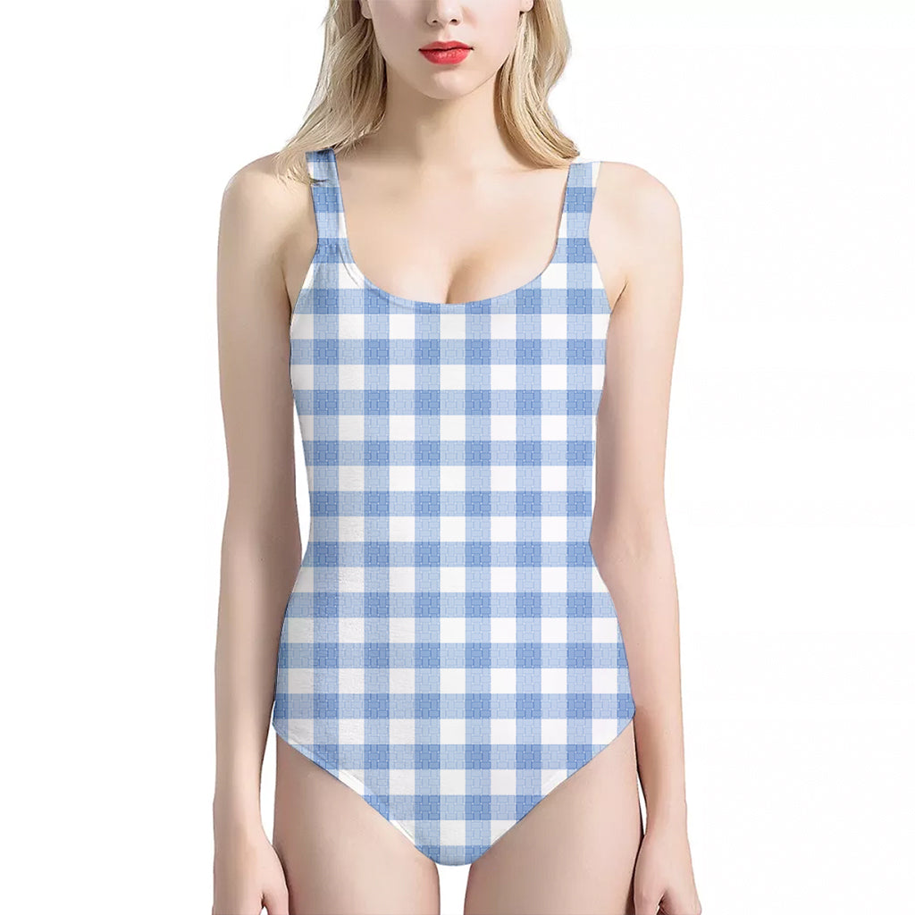 Cornflower Blue And White Gingham Print One Piece Halter Neck Swimsuit