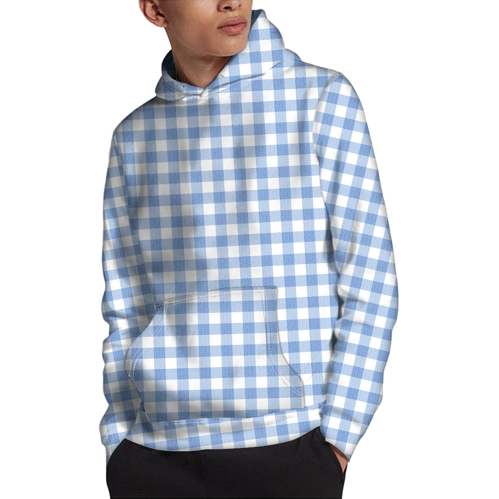 Cornflower Blue And White Gingham Print Pullover Hoodie