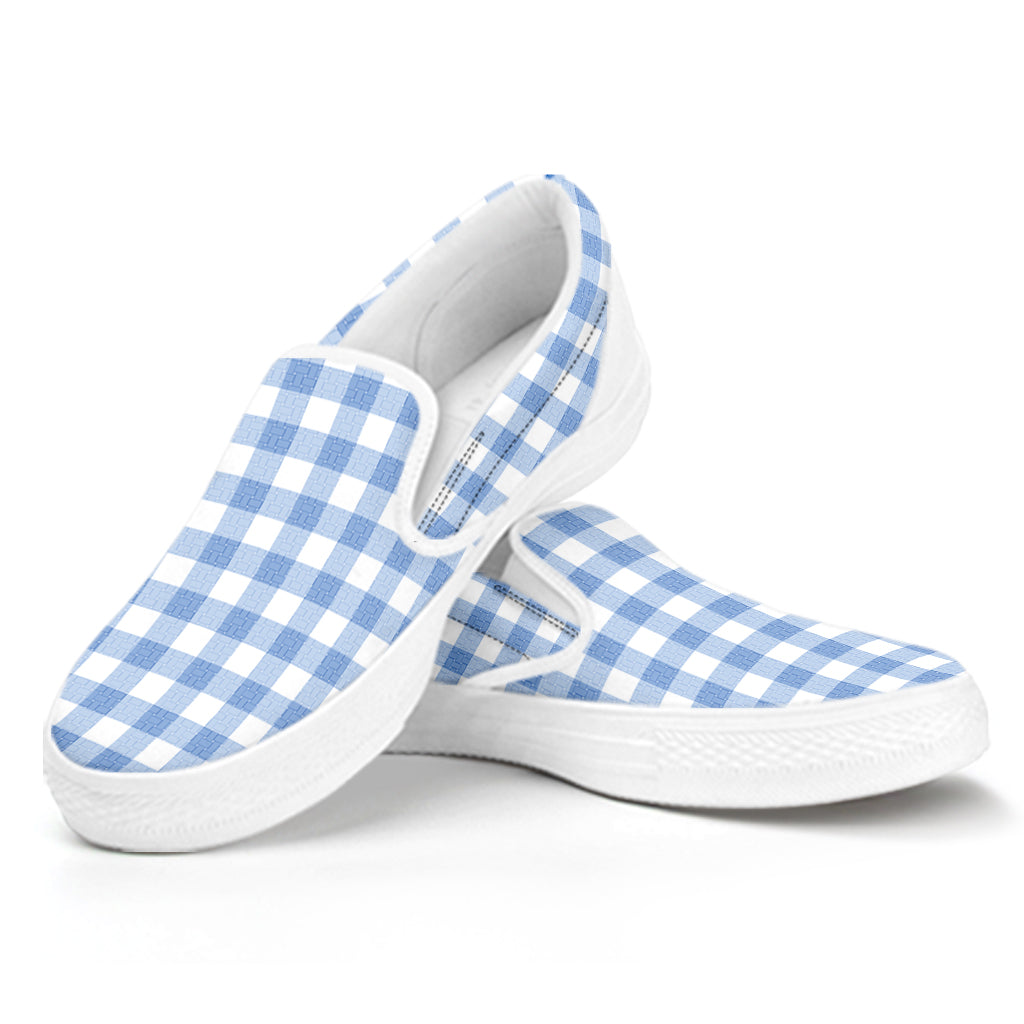 Cornflower Blue And White Gingham Print White Slip On Shoes