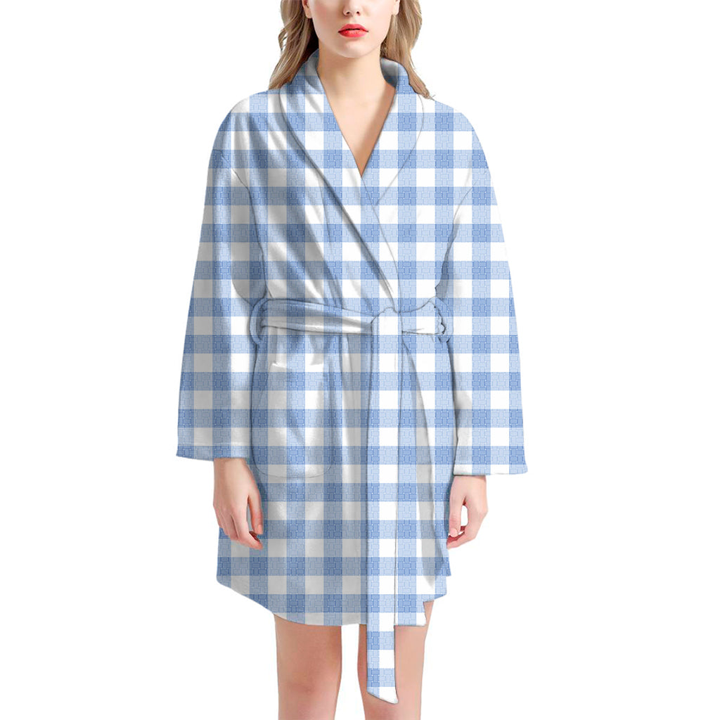 Cornflower Blue And White Gingham Print Women's Bathrobe