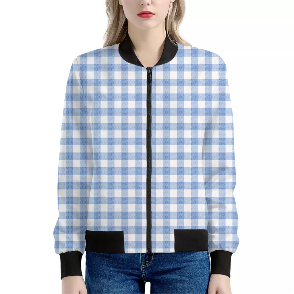 Cornflower Blue And White Gingham Print Women's Bomber Jacket