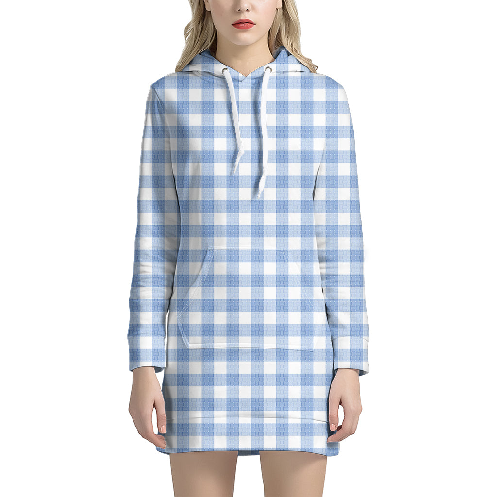 Cornflower Blue And White Gingham Print Women's Pullover Hoodie Dress