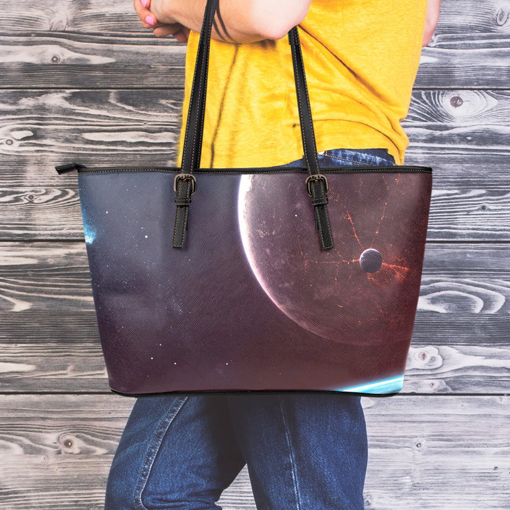 Cosmic Space Print Leather Tote Bag