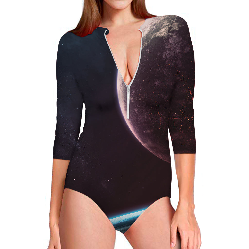 Cosmic Space Print Long Sleeve One Piece Swimsuit