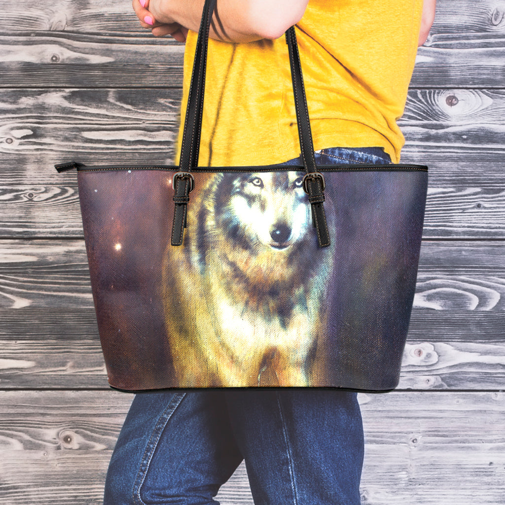 Cosmic Wolf Portrait Print Leather Tote Bag