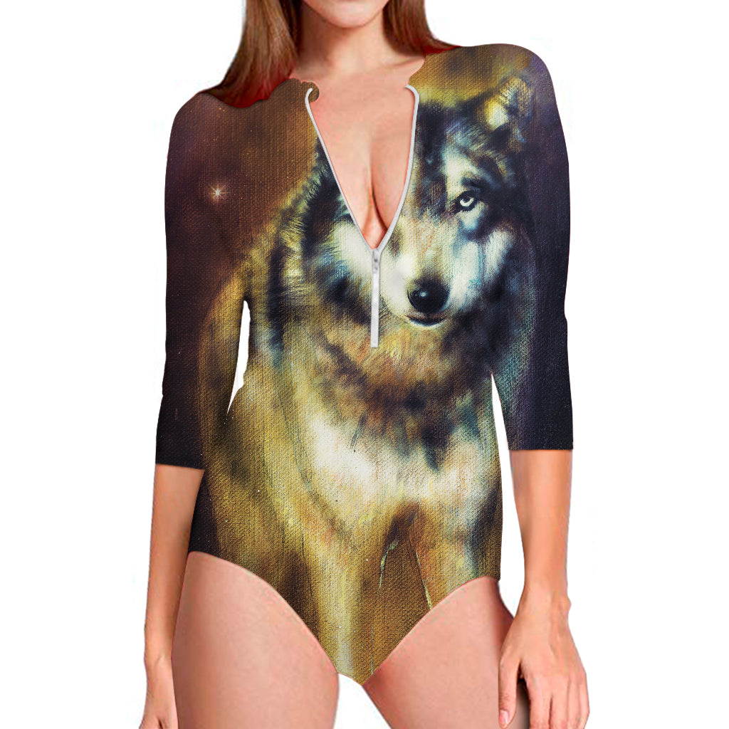 Cosmic Wolf Portrait Print Long Sleeve One Piece Swimsuit