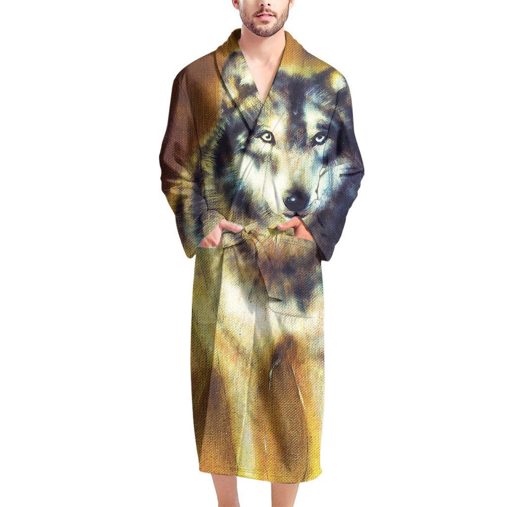 Cosmic Wolf Portrait Print Men's Bathrobe