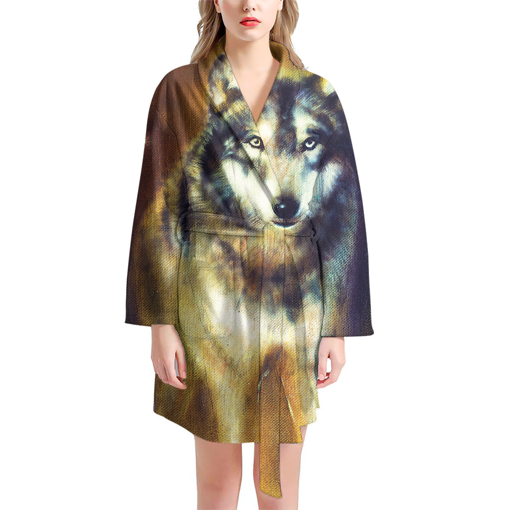 Cosmic Wolf Portrait Print Women's Bathrobe