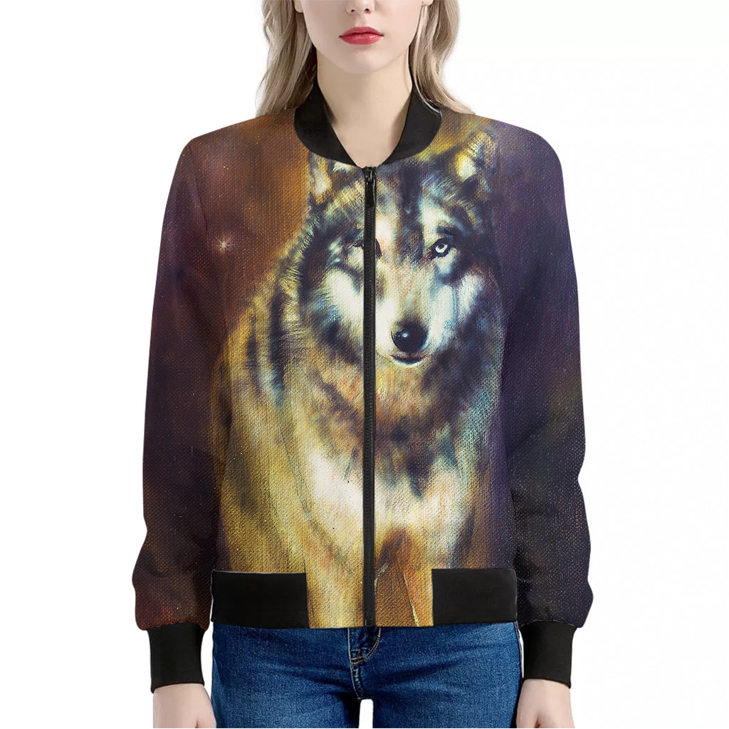 Cosmic Wolf Portrait Print Women's Bomber Jacket