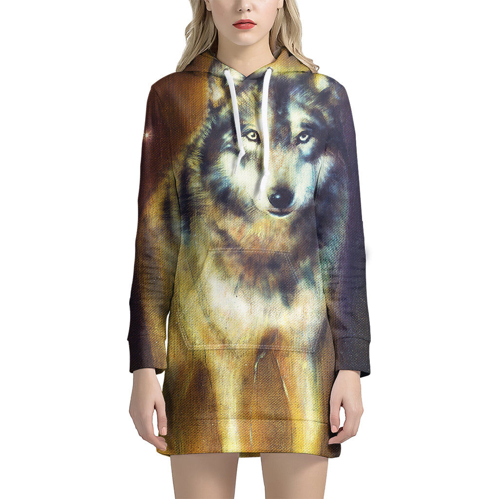 Cosmic Wolf Portrait Print Women's Pullover Hoodie Dress