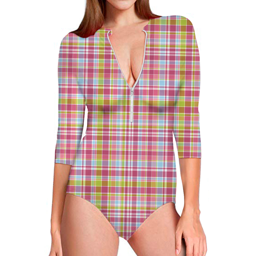 Cotton Candy Pastel Plaid Pattern Print Long Sleeve One Piece Swimsuit