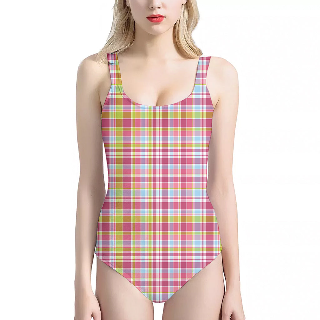 Cotton Candy Pastel Plaid Pattern Print One Piece Halter Neck Swimsuit