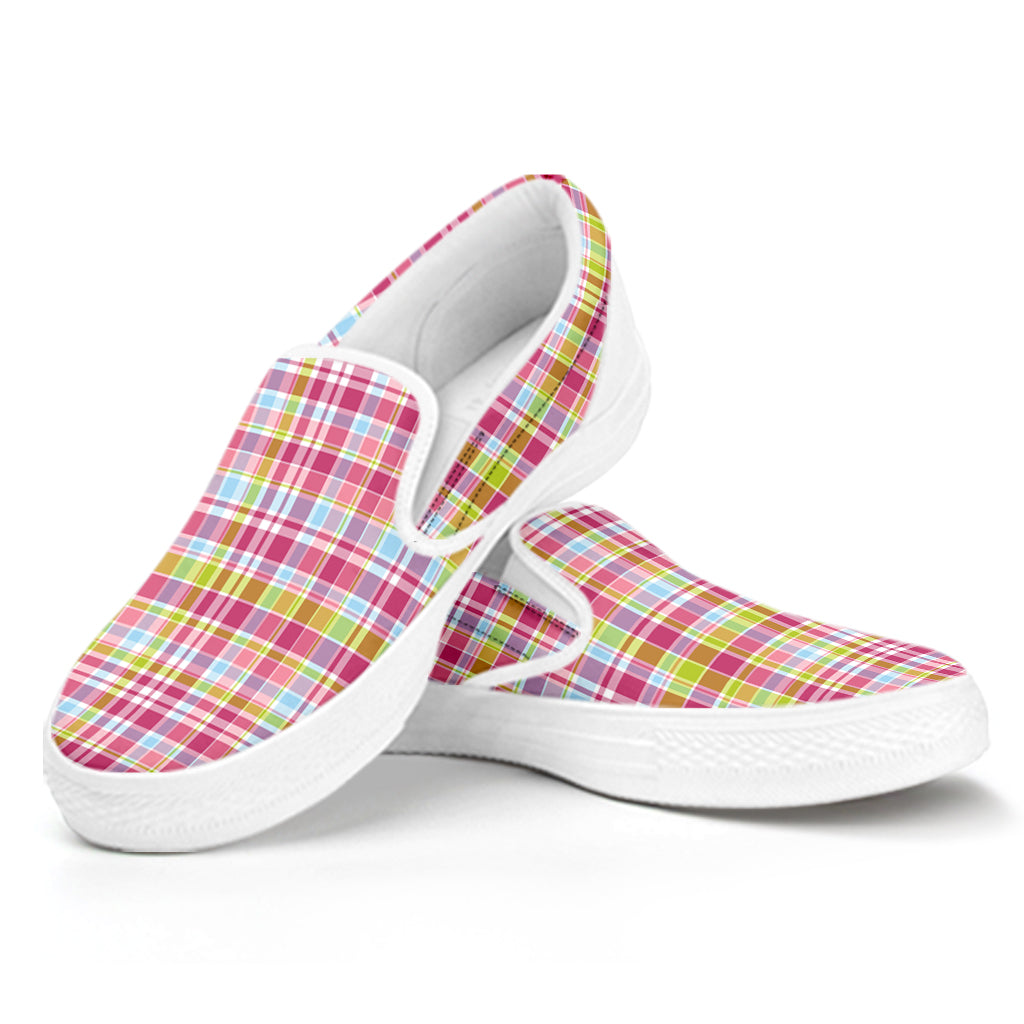 Cotton Candy Pastel Plaid Pattern Print White Slip On Shoes