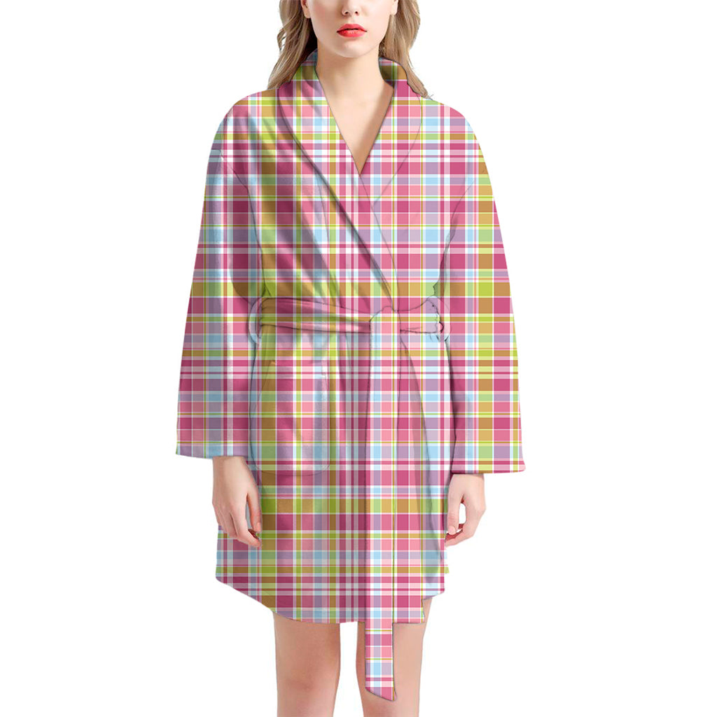 Cotton Candy Pastel Plaid Pattern Print Women's Bathrobe