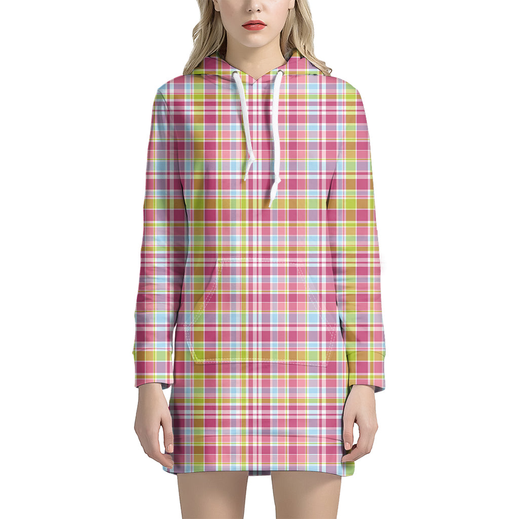 Cotton Candy Pastel Plaid Pattern Print Women's Pullover Hoodie Dress